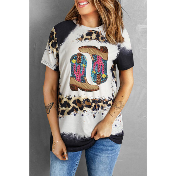 Sequin Boots Leopard Round Neck Short Sleeve T-Shirt - Picture 2 of 3